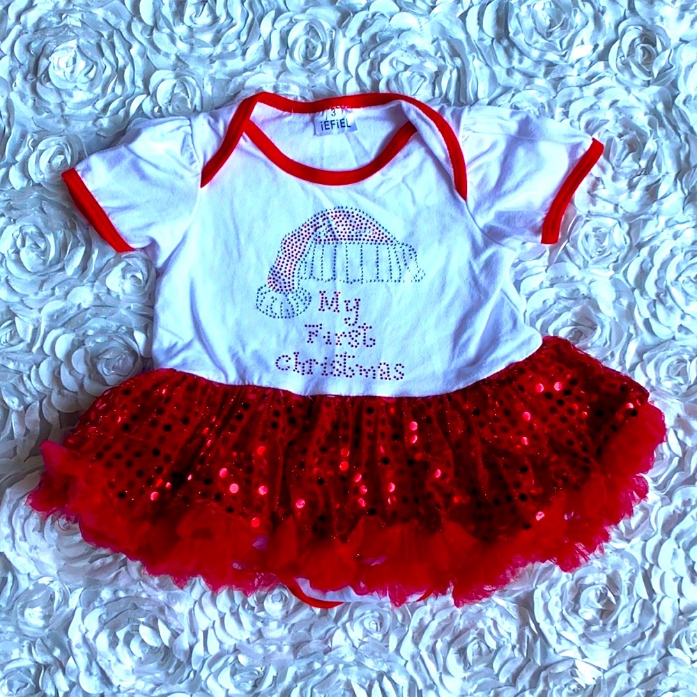 . my first Christmas rhinestone onesie with sequin attached skirt size 3 mo